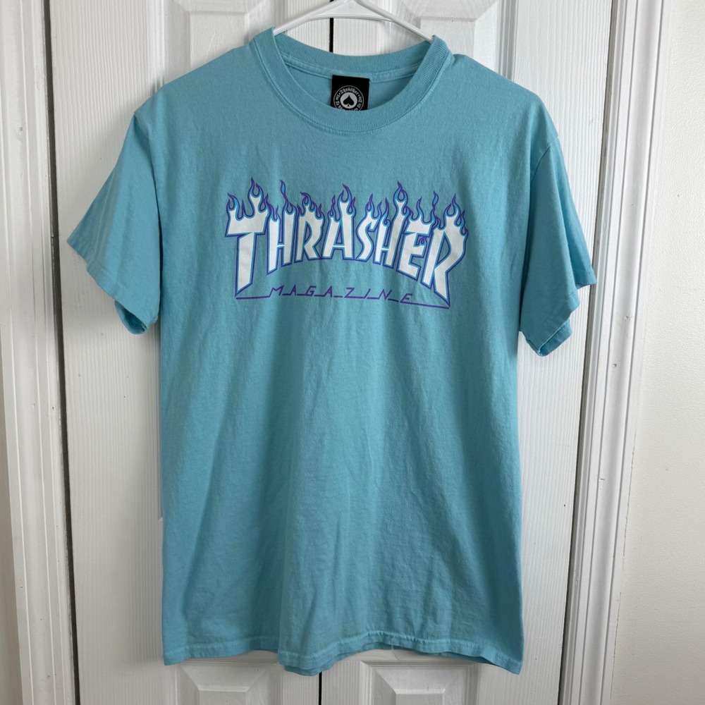 Thrasher Flame‎ Logo T Shirt Medium Blue Skate Streetwear Graphic Tee